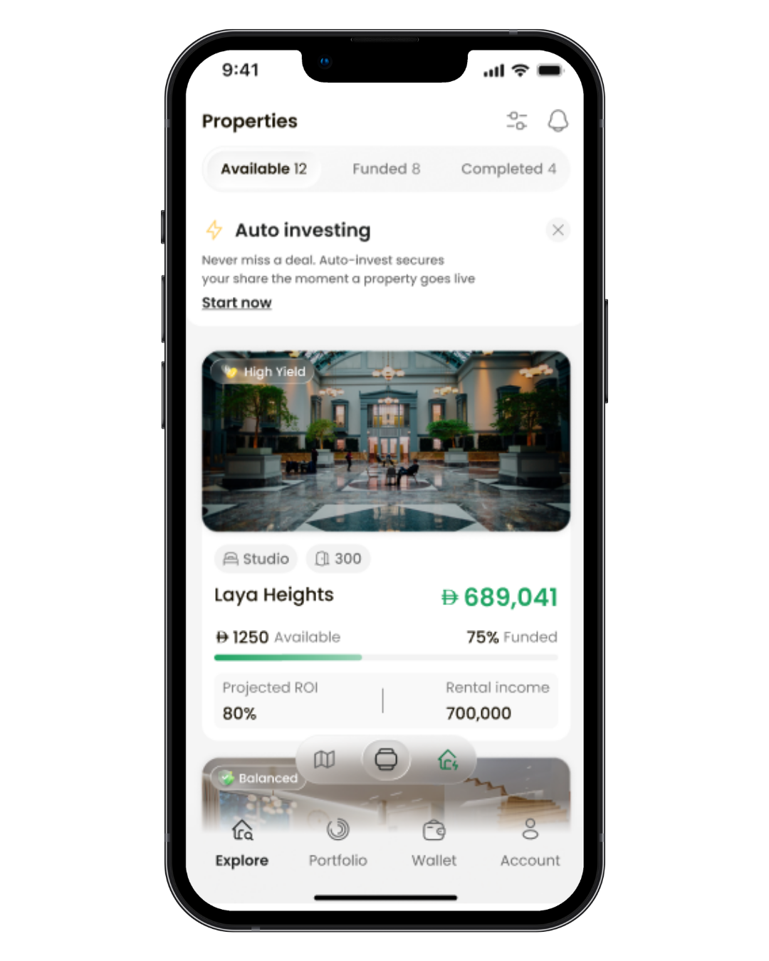 ReVest by Baytukum — properties screen showing automated monthly investing