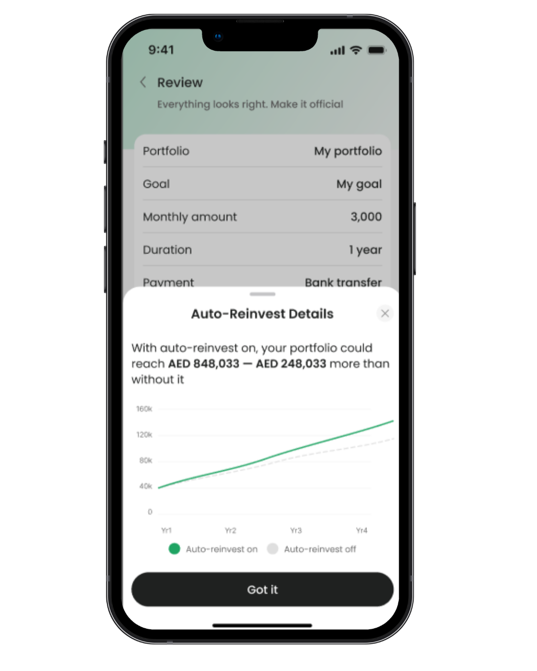 ReVest app — review contributions with auto-reinvest projection
